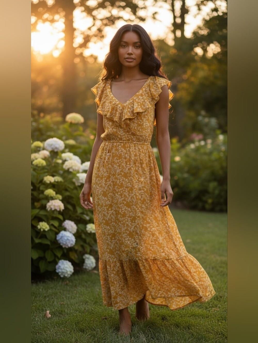 Luna 3X Mustard Yellow Floral Ruffle Maxi Dress Cottagecore Boho
